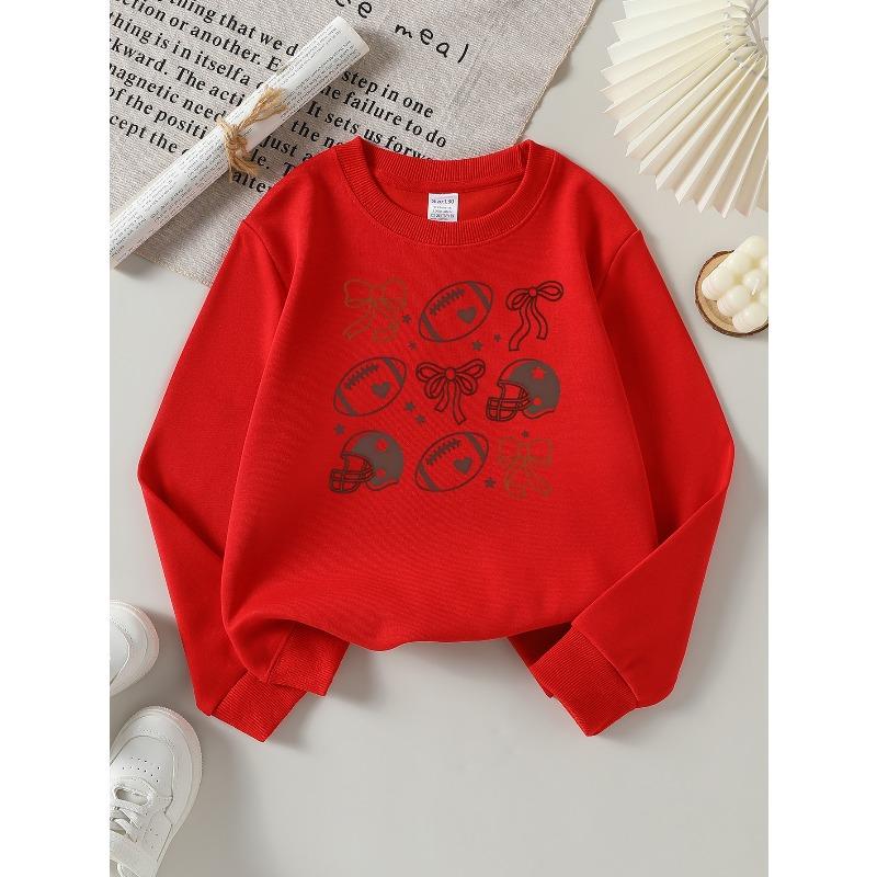 Girls' Long-sleeve Sweatshirt with Round Neck and Printed DesignFootball Helmet Bow Suitable for Spring and Autumn, Fashionable and Casual