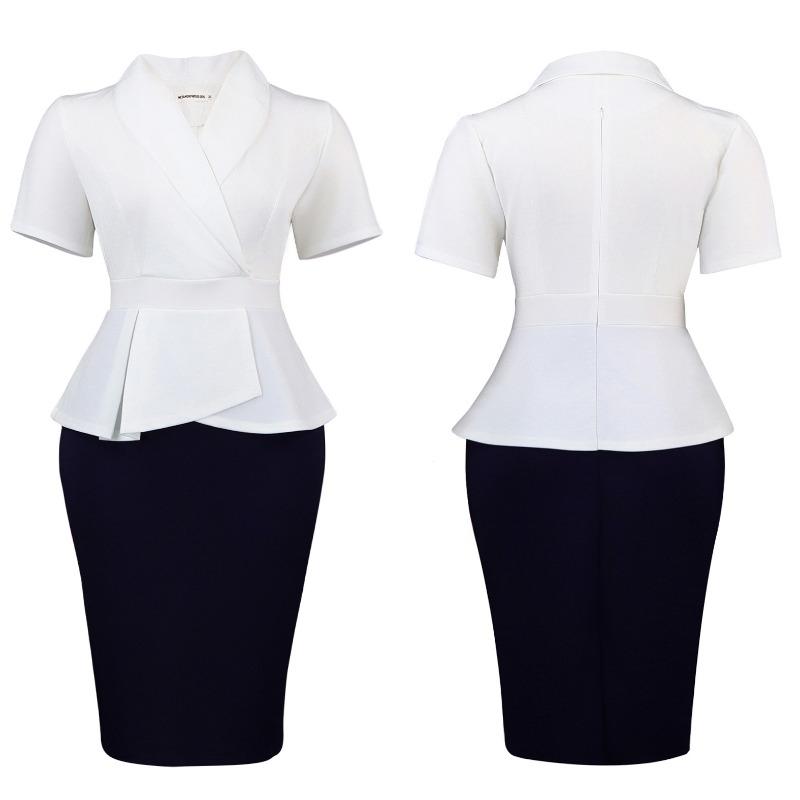Übergröße Damen Kurzarm Rüschen Farbblock Hoher Bund Bodycon Midi Kleid