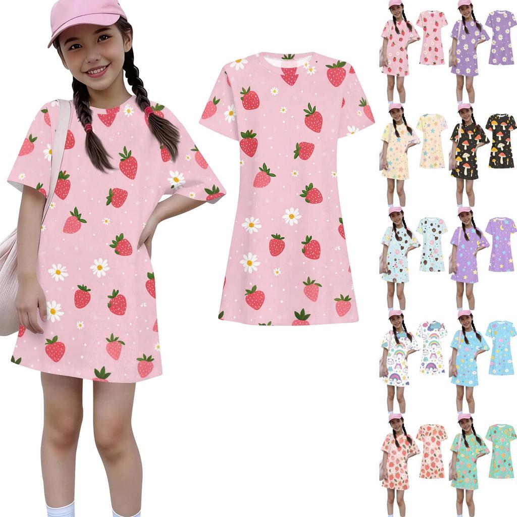 Girls Print Casual Dress Kids Loose Round Neck Short Sleeve Thin Sundress
