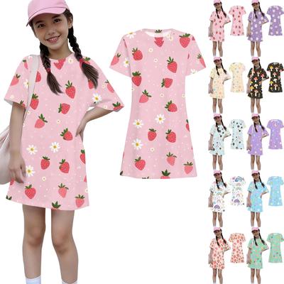 Mädchen Druck Lässiges Kleid Kinder Locker Rundhals Kurzarm Dünnes Sommerkleid