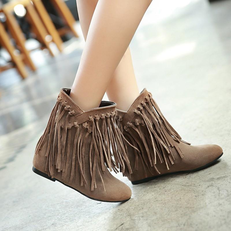 Womens Suede Ankle Boots With Fringe Flat Heel Hidden Platform Style Round Toe Slip-On Winter
