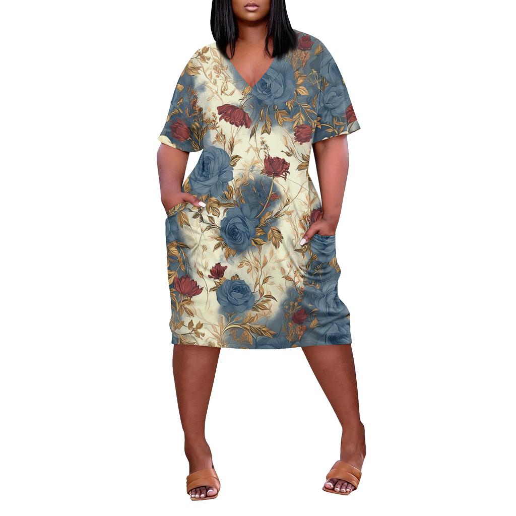 Summer Plus Size V Neck Short Sleeve Knee Pocket Print Casual Dress For Women
