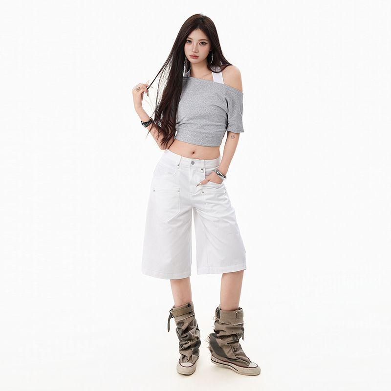 Fashion Summer White Pocket Design Straight Wide Leg Cropped Capri Denim Pants For Women Trendy Versatile Slimming AllMatch Casual Bottoms