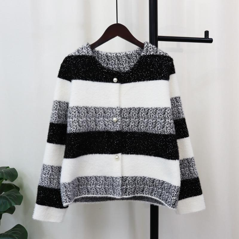 Milk soft waxy imitation mink velvet knitted cardigan women's autumn and winter new loose rainbow striped sweater jacket
