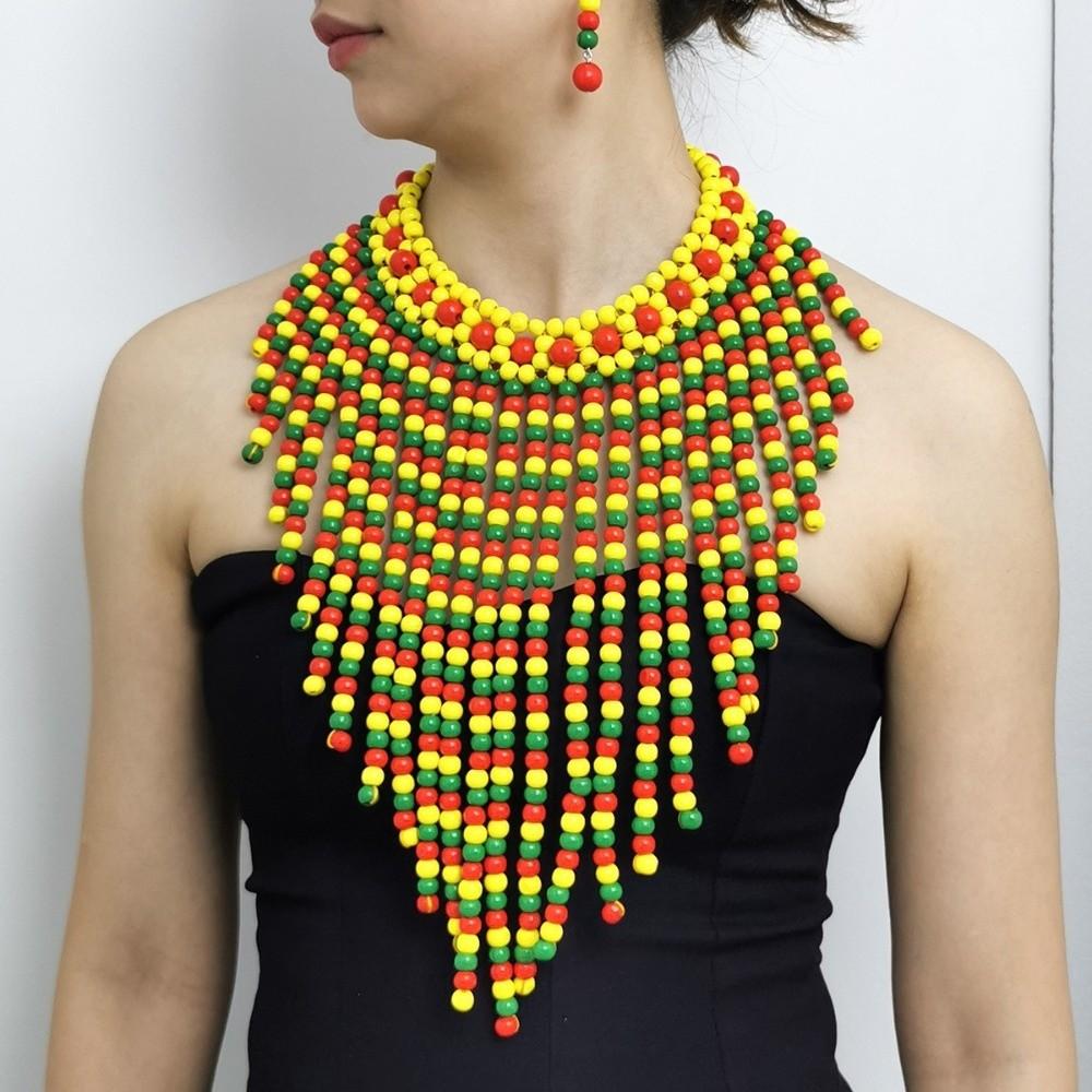 Handmade Necklace Earrings Set Wood Ear Studs Vintage Tassel Necklace Evening