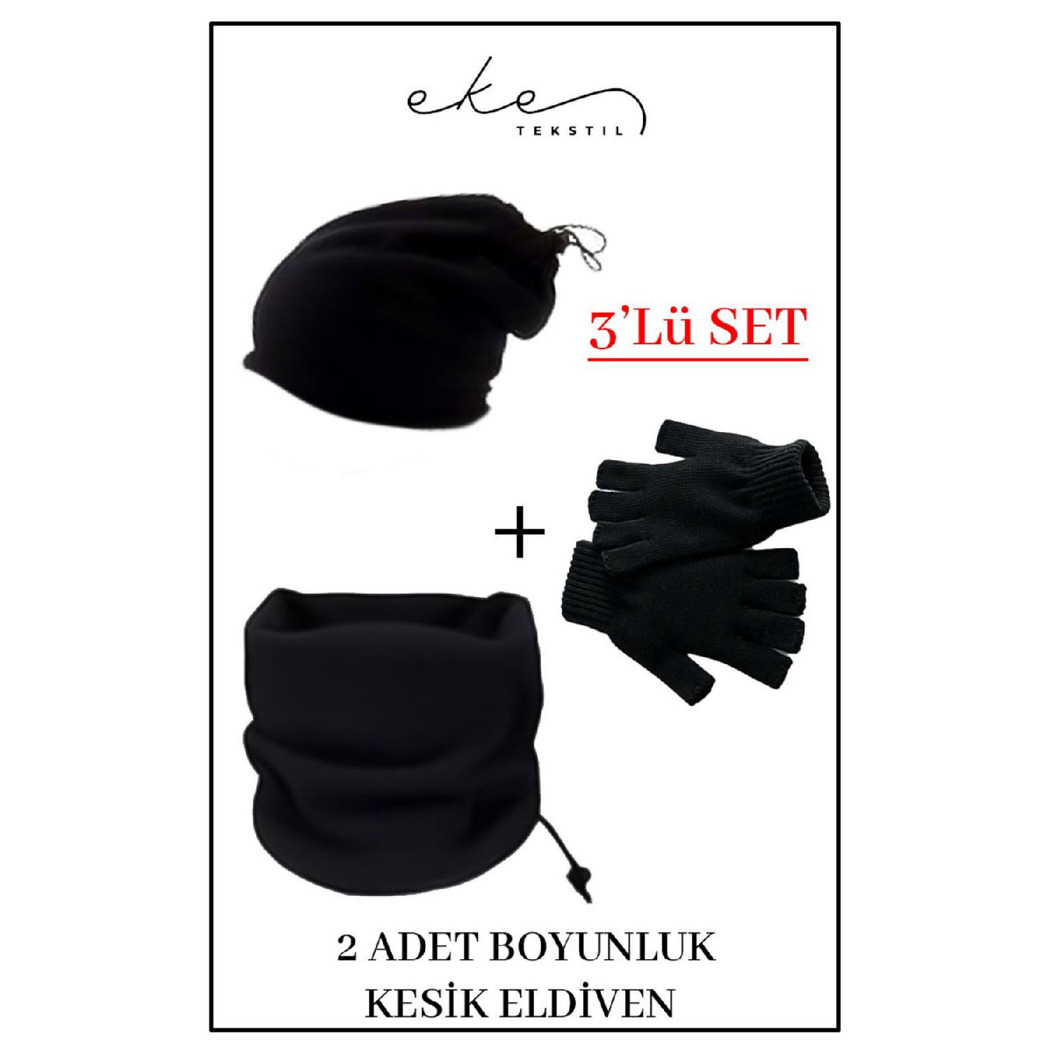 

Set Of 3 Cold-proof Thermal Fleece Neck Collar Beret And Knitted Cut-off Gloves Black чёрный