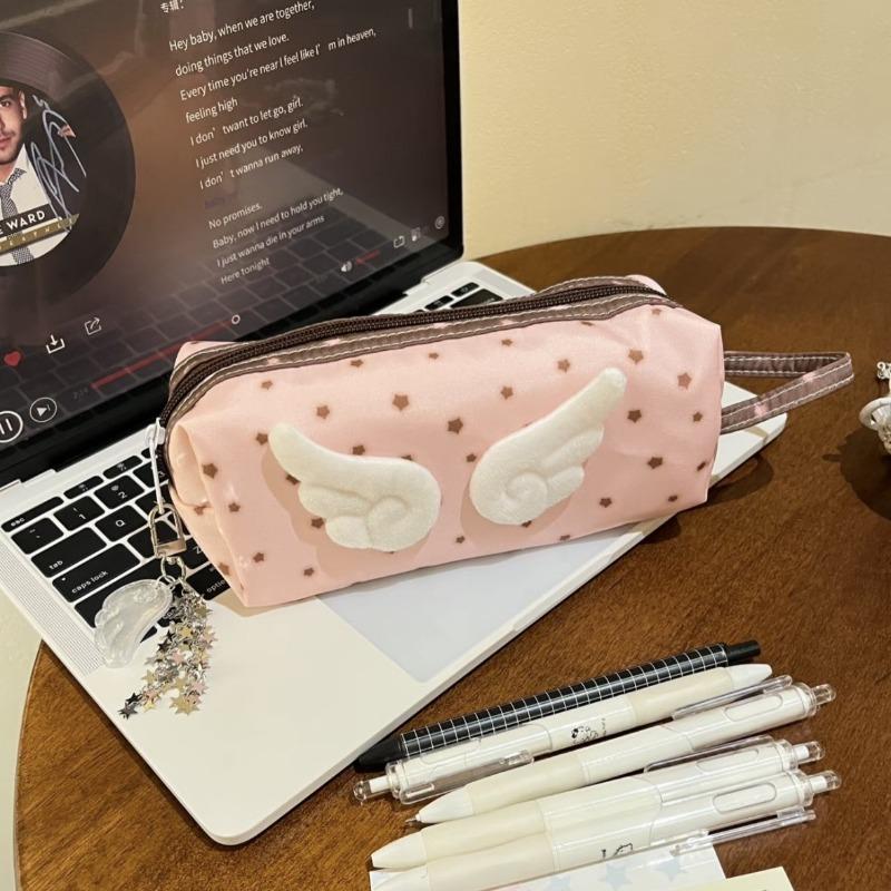 New Pink Cute Wings Design Pencil Case Large Capacity Strawberry Chocolate Star Pattern School Supply Organizer for Students