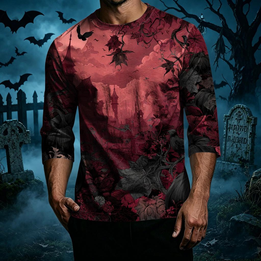 Men Casual Halloween Printed Crew Neck Three Quarter Sleeve T Shirt Comfortable Fit Soft Fabric Novelty Top for Holiday