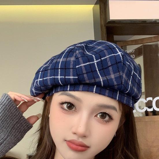 Frauen Winter Baskenmütze Plaid Print Kontrast Farbe Elastische Einstellbar Weiche Warme Dekorative Dome Dame Kappe Maler Hut