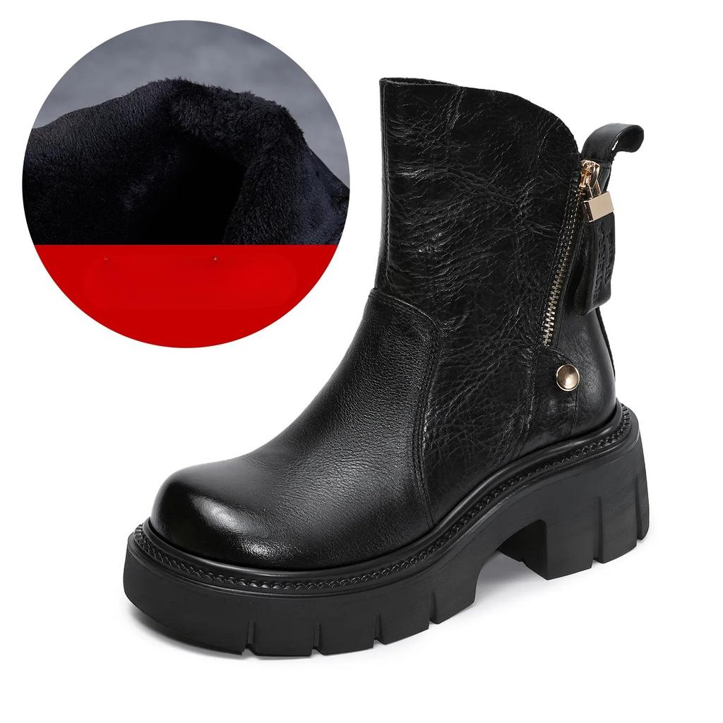 Johnature Retro Thick Soled Side Zipper Women's Short Boots Genuine Leather Knight Boots