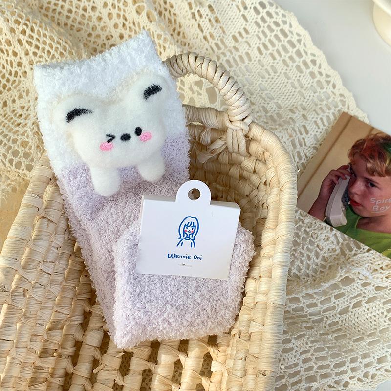 Women Winter Warm Fluffy Socks Cute Animal Frog Rabbit Dog Panda Socks Female Thick Coral Fleece Home Floor Sleep Socks