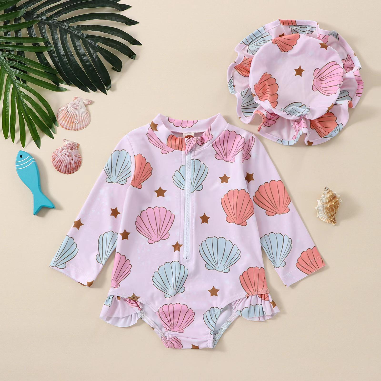 

Children s Floral Long-Sleeve Swimsuit & Sun Hat Set - Quick-Dry, Sun Protection, Fashionable Beachwear for Girls Size 100