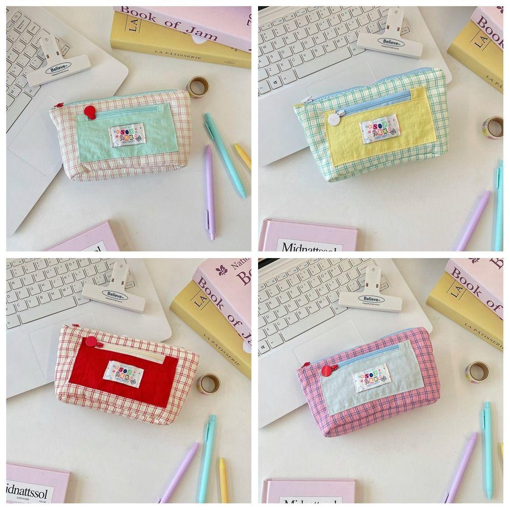 Portable Contrasting Grid Pen Case Dopamine Cute Makeup Bag Casual Cartoon Stationery Box  School