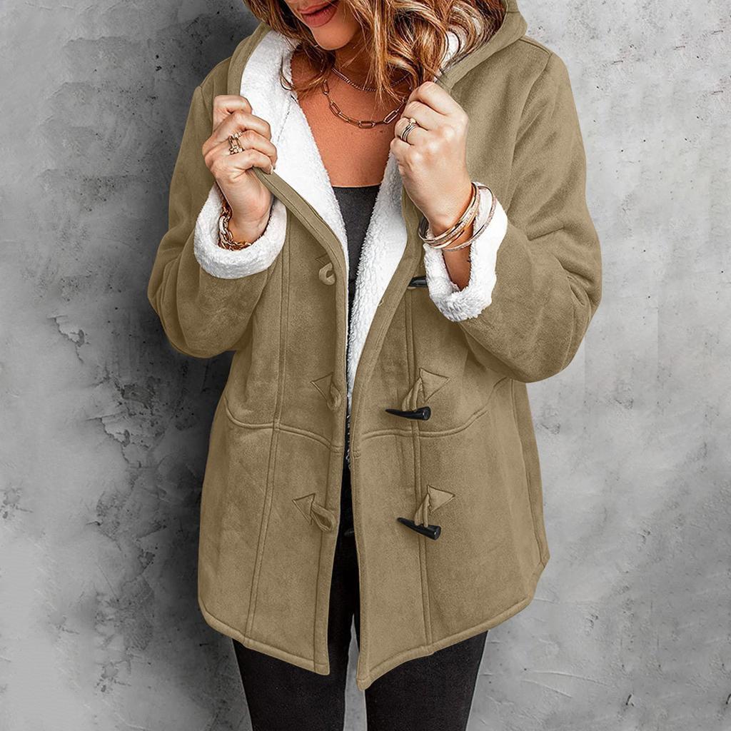 Women's Button Suede Long Windbreaker Coat Warm Long Sleeve Jacket Hooded Coat