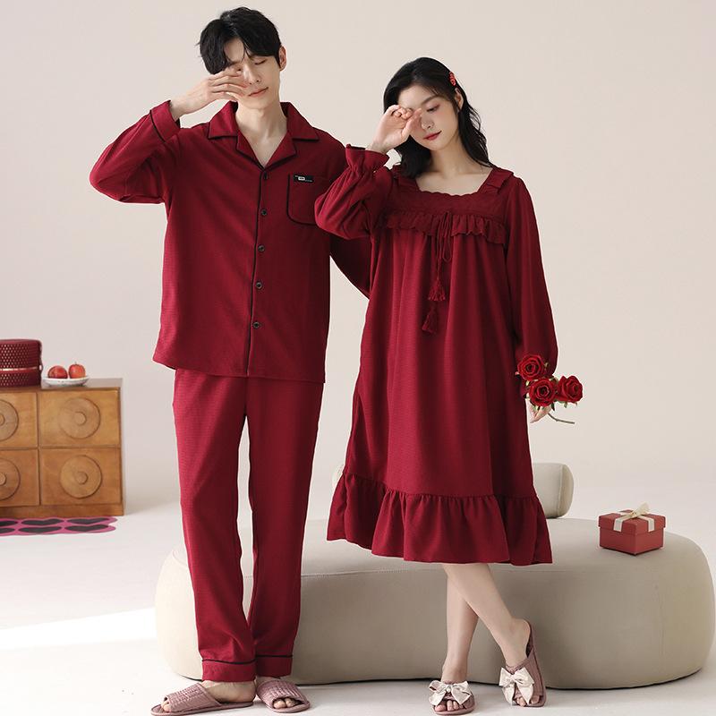 Couple Red Pajamas Spring and Autumn Cotton Pajamas Natal Year Wedding Newlywed Loungewear One Man and One Woman Pajamas