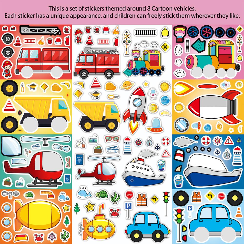 8/16Sheets Transportation Vehicles Puzzle Stickers Rocket Plane Make a Face Decals DIY Luggage Scrapbook Assemble Jigsaw Sticker