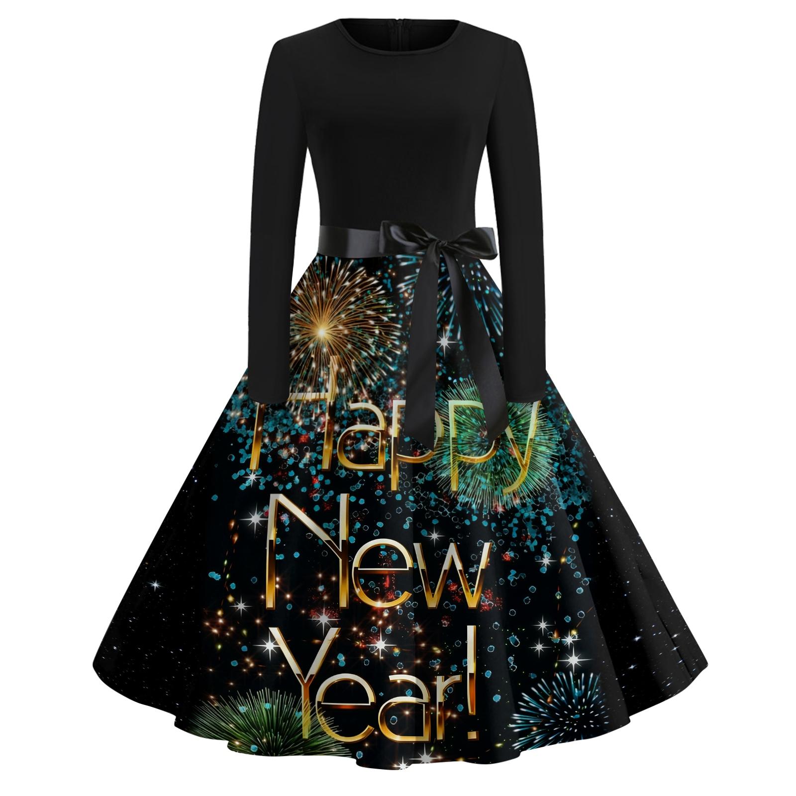 Women s Casual Fashion Round Neck Long Sleeve New Year Printed Retro Dress L
