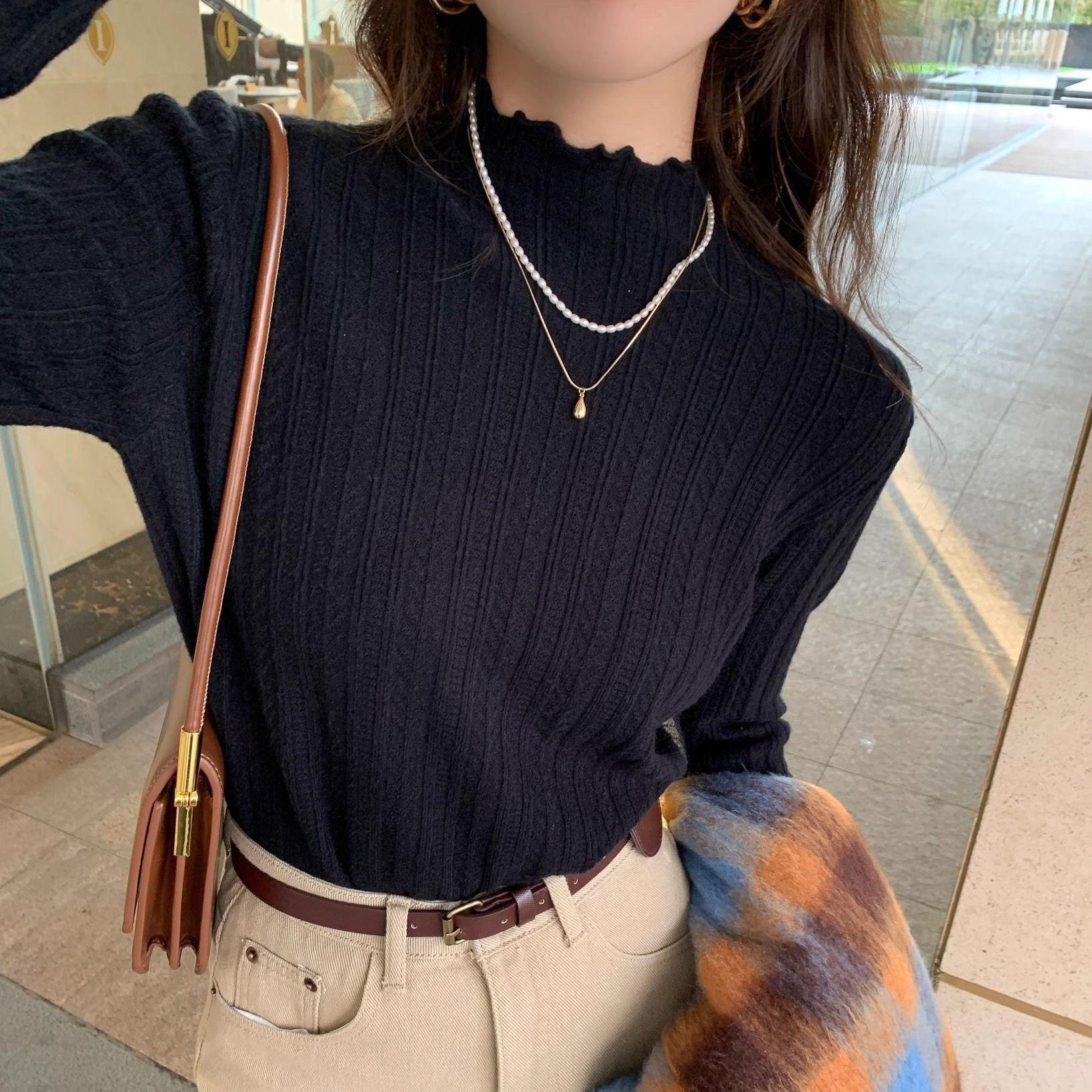 

Women s Sweaters Can Be Paired with Semi-high-neck Pullovers Ruffled Knitted Sweaters and Mid-neck Long-sleeved Sweaters In Autumn and Winter S чёрный