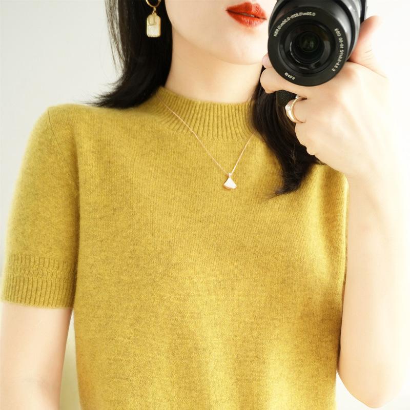 Spring and Summer Women's New Loose Half Turtleneck Mid-sleeve Short Pullover Solid Color Bottoming Sweater T-shirt