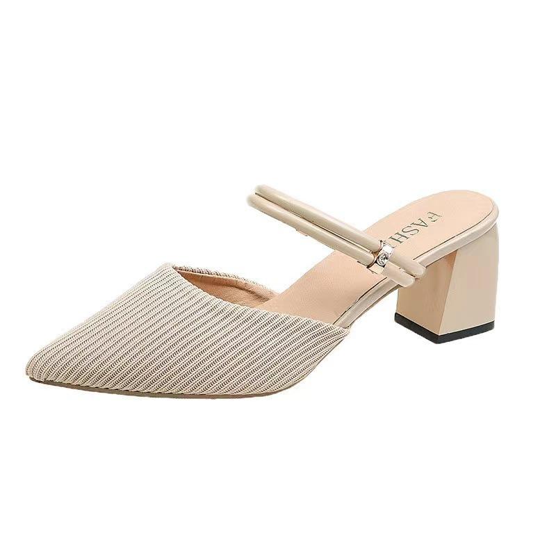 Pointed head bag head medium heel thick heel cool slippers half drag sandals women's summer 20 new cloth outer wear