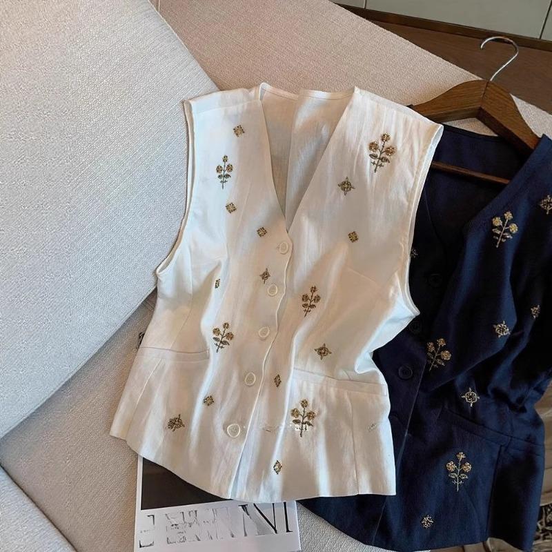 Women's Summer Vest Embroidered Cotton and Linen Sleeveless Blouse Loose V-neck Fashion Vest