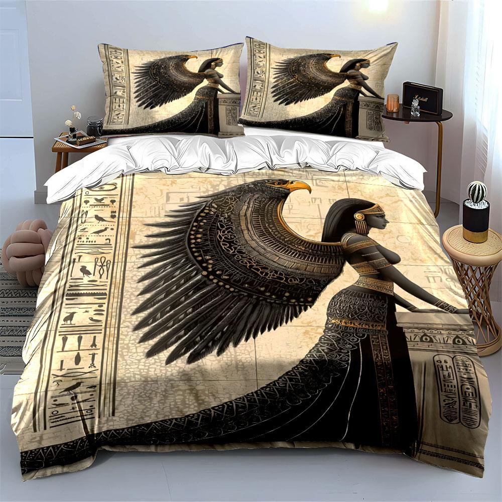 Egyptian-style Queen with Eagle Wings Print Bedding Set 1Duvet Cover 2Pillowcases for Adult and Children Luxury Gift Full Size