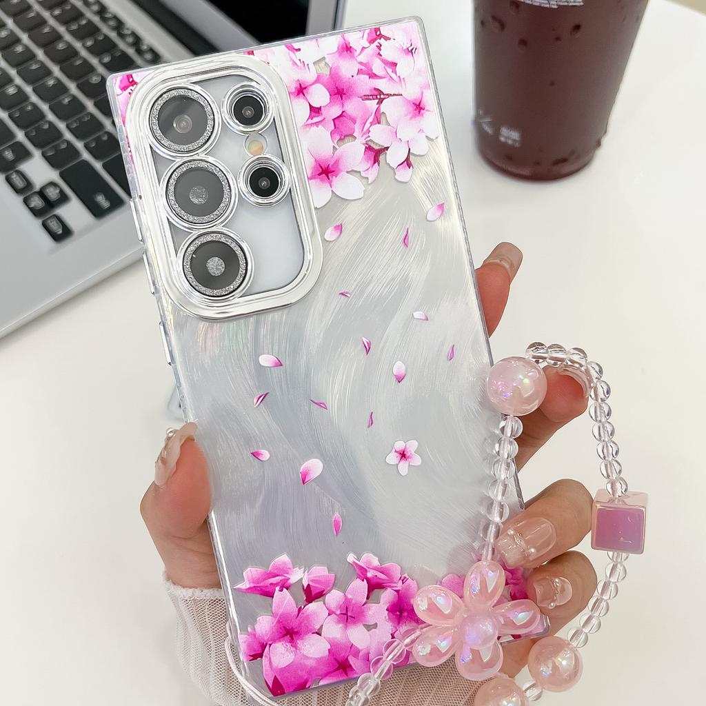 Samsung S25 Ultra Mobile Phone Case Laser Texture Flower and Grass Lens Film S24FE Bracelet A56 Electroplated Hard Shell