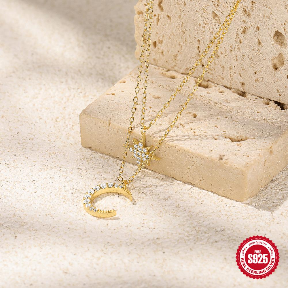 S925 Sterling Silver Double-Layer Stacked Star Star Moon Diamond Women'S Necklace Collarbone Chain Commuting Worry-Free Match