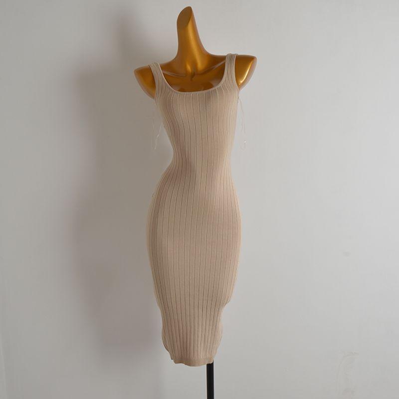 

Export Single Elegant Square Collar Slimming Slimming Long Knitting Dress Female Summer Base Sleeveless Long Jumper Dress Khaki M