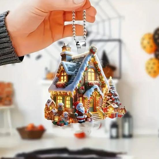 Christmas Ornament Snowy Village House Pendant 2D Flat Acrylic Log Cabin Hanging Decoration for Home Car Tree Decor