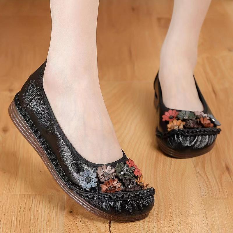 

Первый слой коровьей кожи подошва из говяжьей жилы одинарная обувь ручной работы цветок обувь для мамы обувь для беременных 41 чёрный