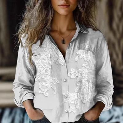 Summer New Fashion Women's Creative Retro Floral Cute Style Versatile Casual Long-sleeved T-shirt