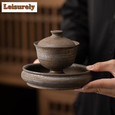 160ml Antik Fırın Değişim Yaldızlı Gaiwan Zen Kuru Islatma Tabak Çay Kasesi Çay Makinesi Kapağı Kase Kafeler Çay Aksesuarları Süsler