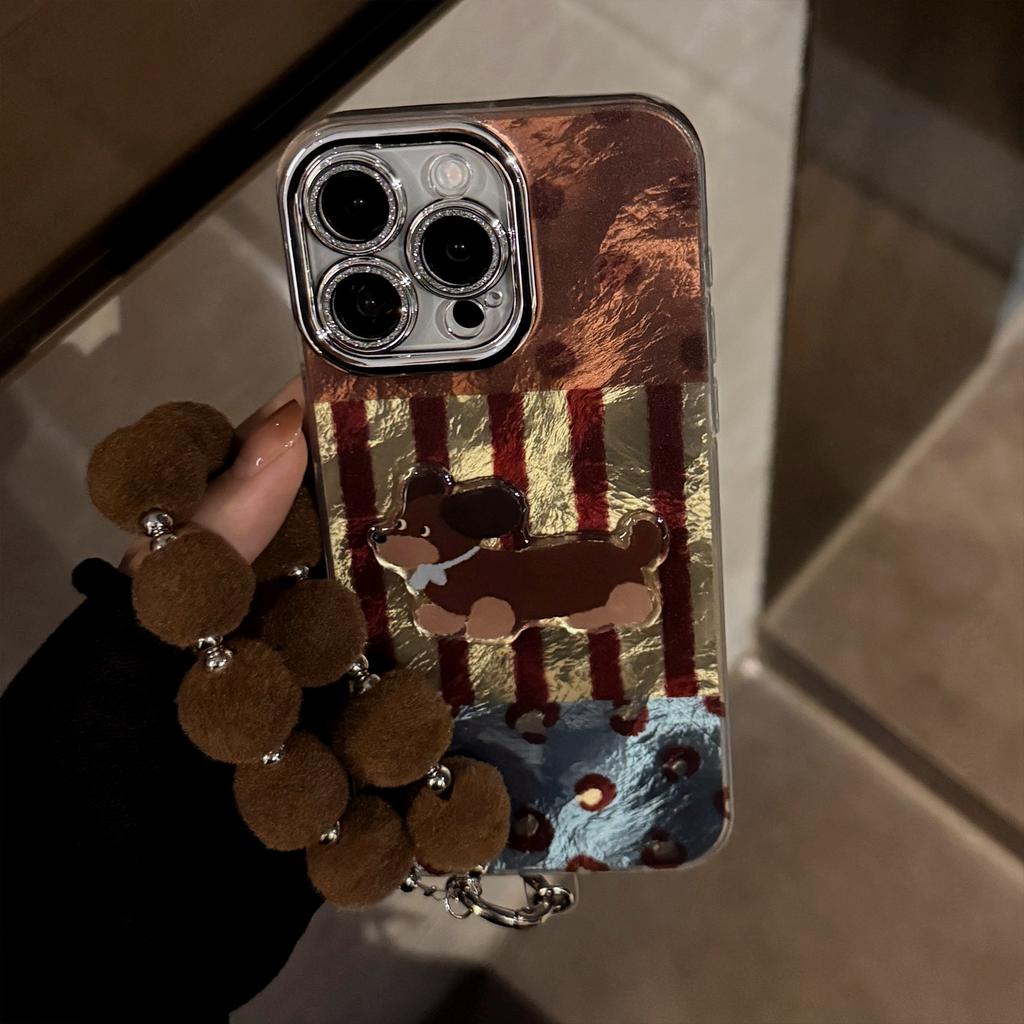 Anwendbar auf iPhone16 Handyhülle Apple 17promax gestreift retro Dackel Hund Plüsch Lanyard Herbst und Winter