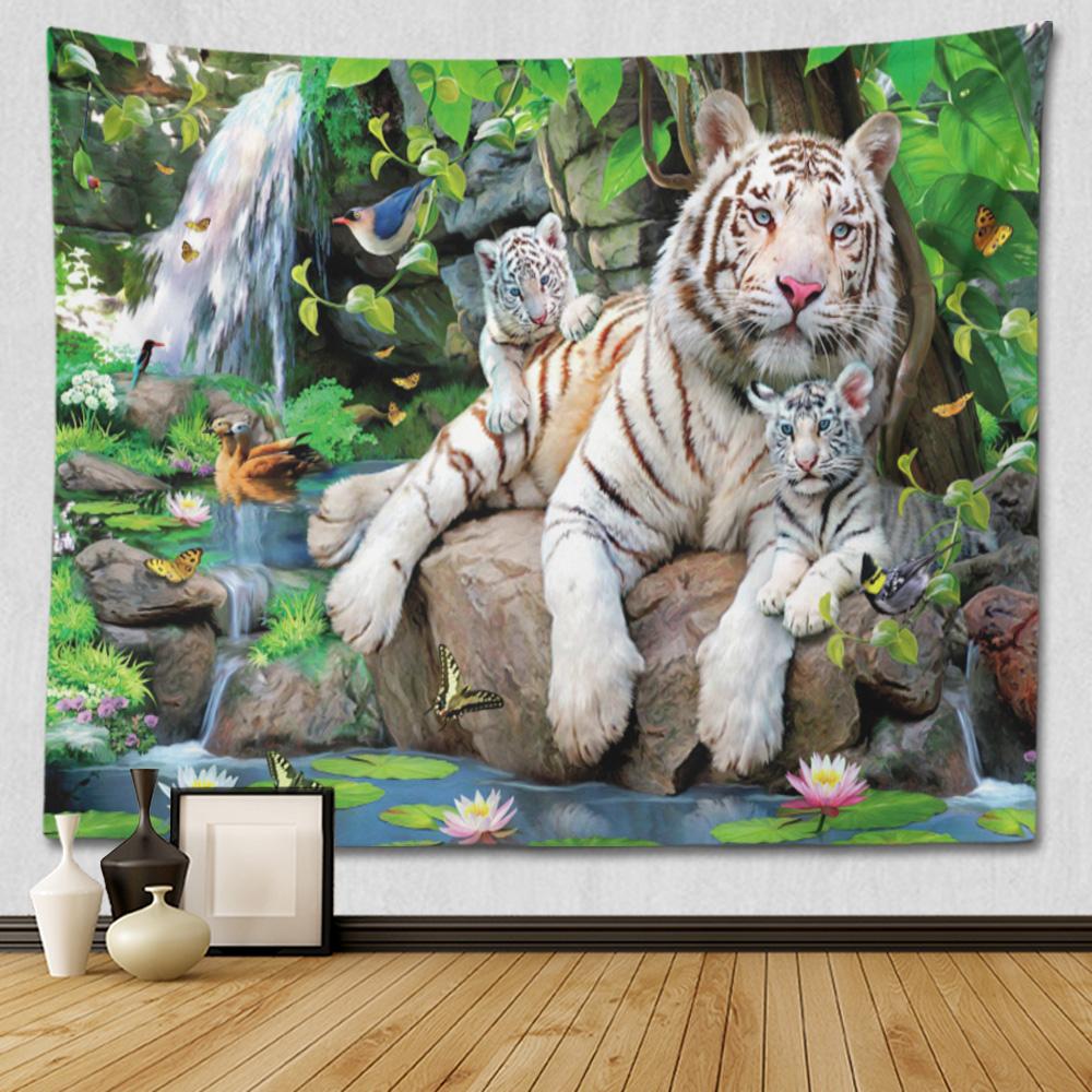 Jungle Wildlife Tiger Tapestry Cool Woodland Animal Print Tapestries Tropical Rainforest Theme Wall Hanging For Kids Boys Girls