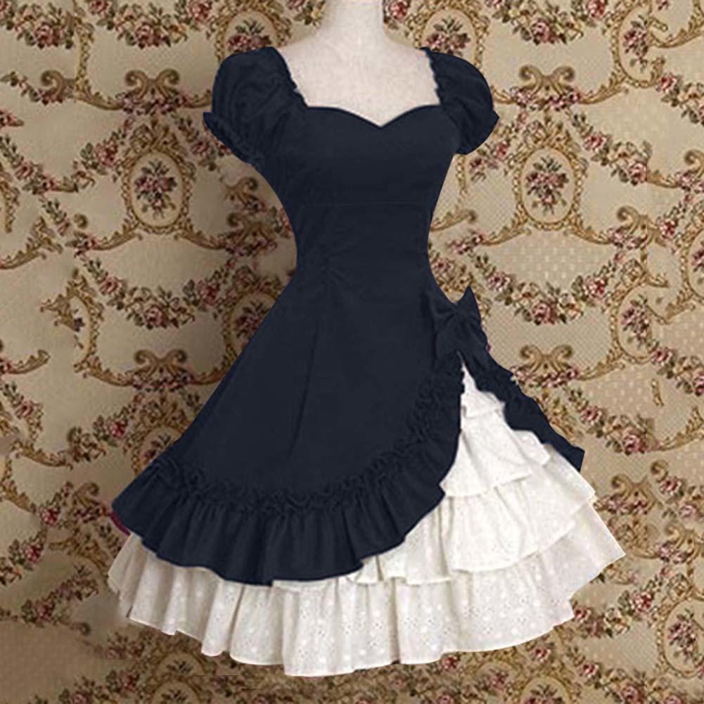 Lily Lady Medieval Ruffle Bow Tiered Lolita Women Dress Short Sleeve Ball Gown