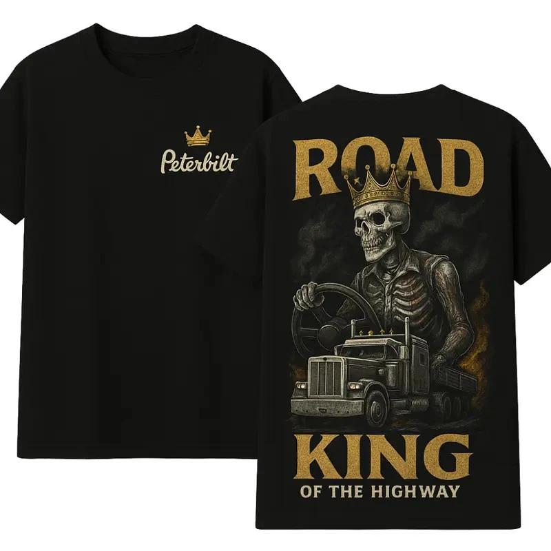 Peterbilt Road King T-Shirt, Skeleton Trucker with Crown Driving Semi Truck Grap XL