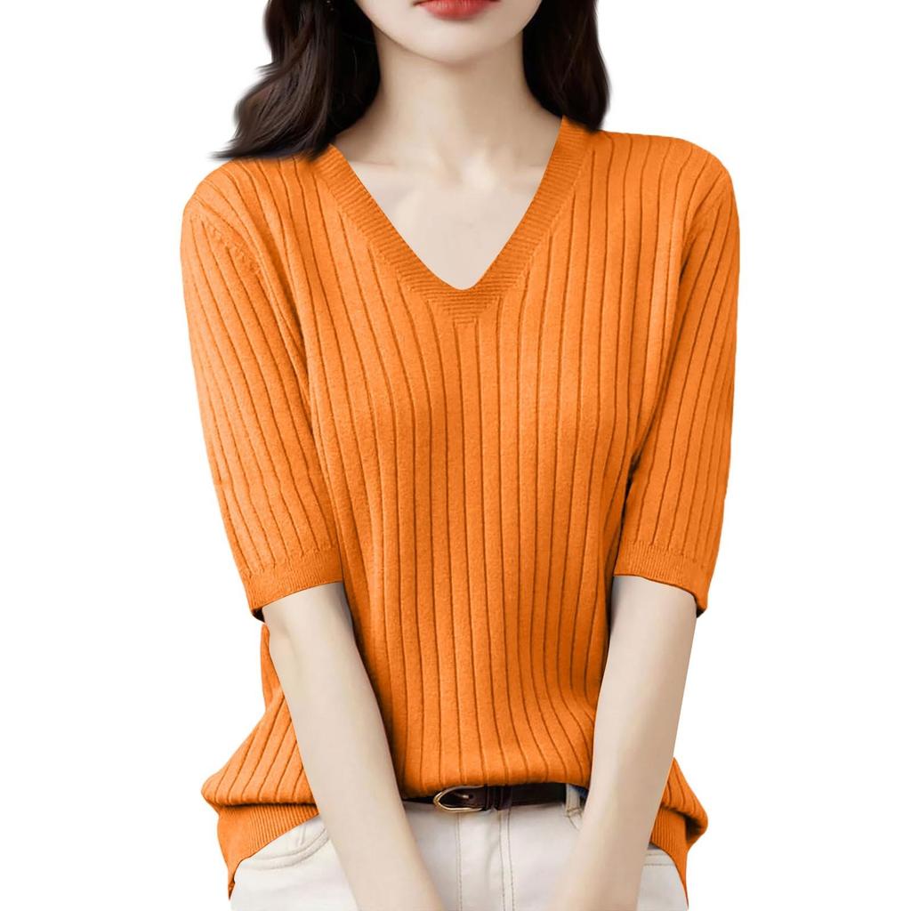 Women's Fashion Loose Knit Sweater Bottom Shirt V-Neck Pullover Half Sleeve Solid Color Top