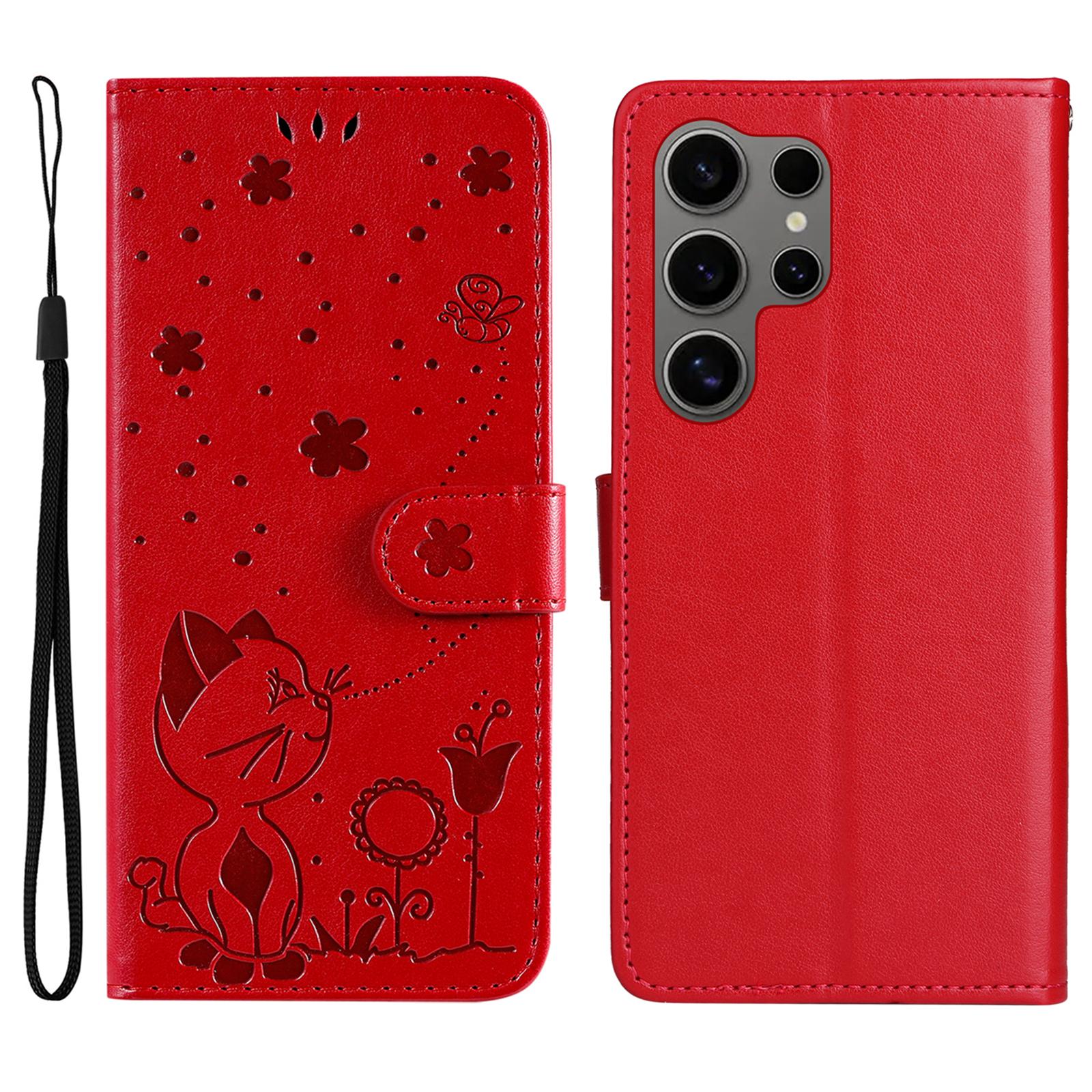 

Для Samsung Galaxy S25 Ultra Кожаный чехол с узором Кошка и Пчела, Чехол-кошелек с подставкой и ремешком A