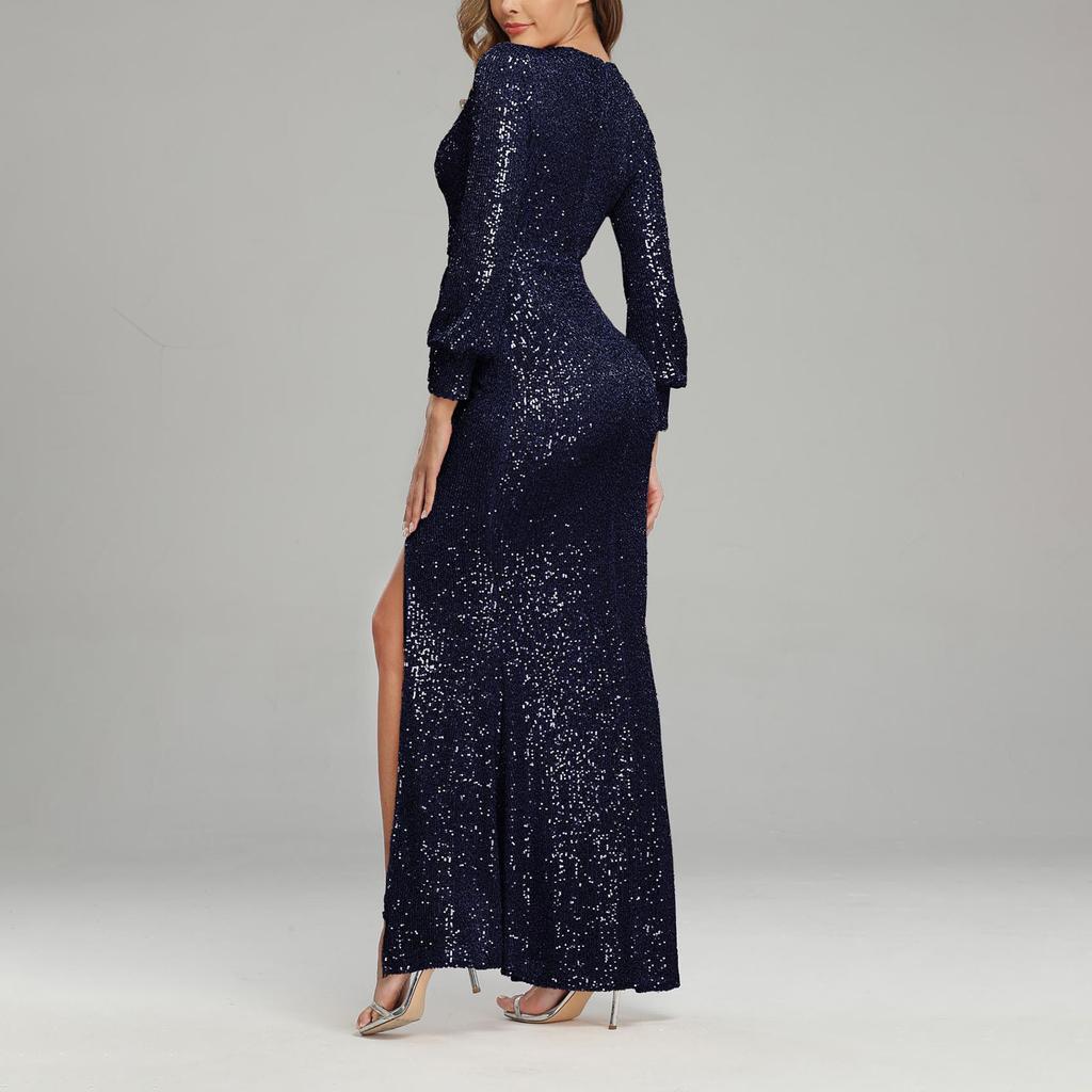 Women Long Sleeve V-neck Sequined High Split Evening Dress