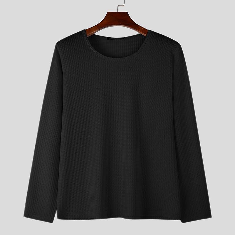 

INCERUN Мужские топы с круглым вырезом и длинным рукавом, тонкие рубчики, повседневные фактурные майки S чёрный