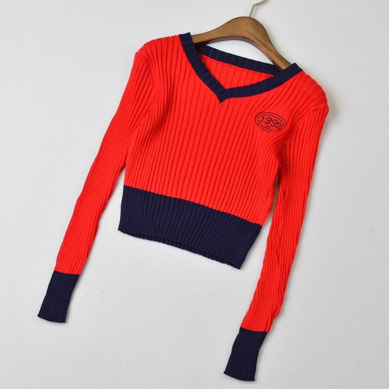 Women's V-neck Sweater Spring Autumn Long-sleeved Knitted Cropped Top Sweater Color-block Pullover Jumper
