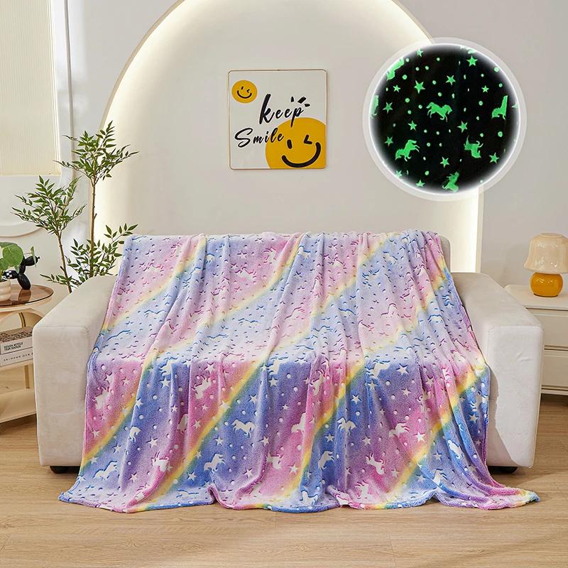 2025 new luminous rainbow unicorn pegasus star flannel blanket machine washable printing and dyeing blanket
