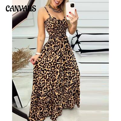 Sommer Kvinne Halter Dress Leopard Print Halter V-hals Kjole Høy midje Kjole Sexy Temperament Mote Lang kjole