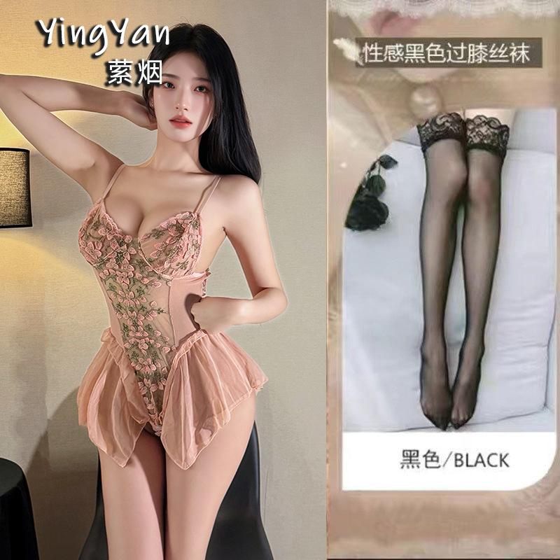 Sex underwear pure desire to avoid flowers and vines deep V-neck onesie sexy embroidered mesh tight suspender nightdress