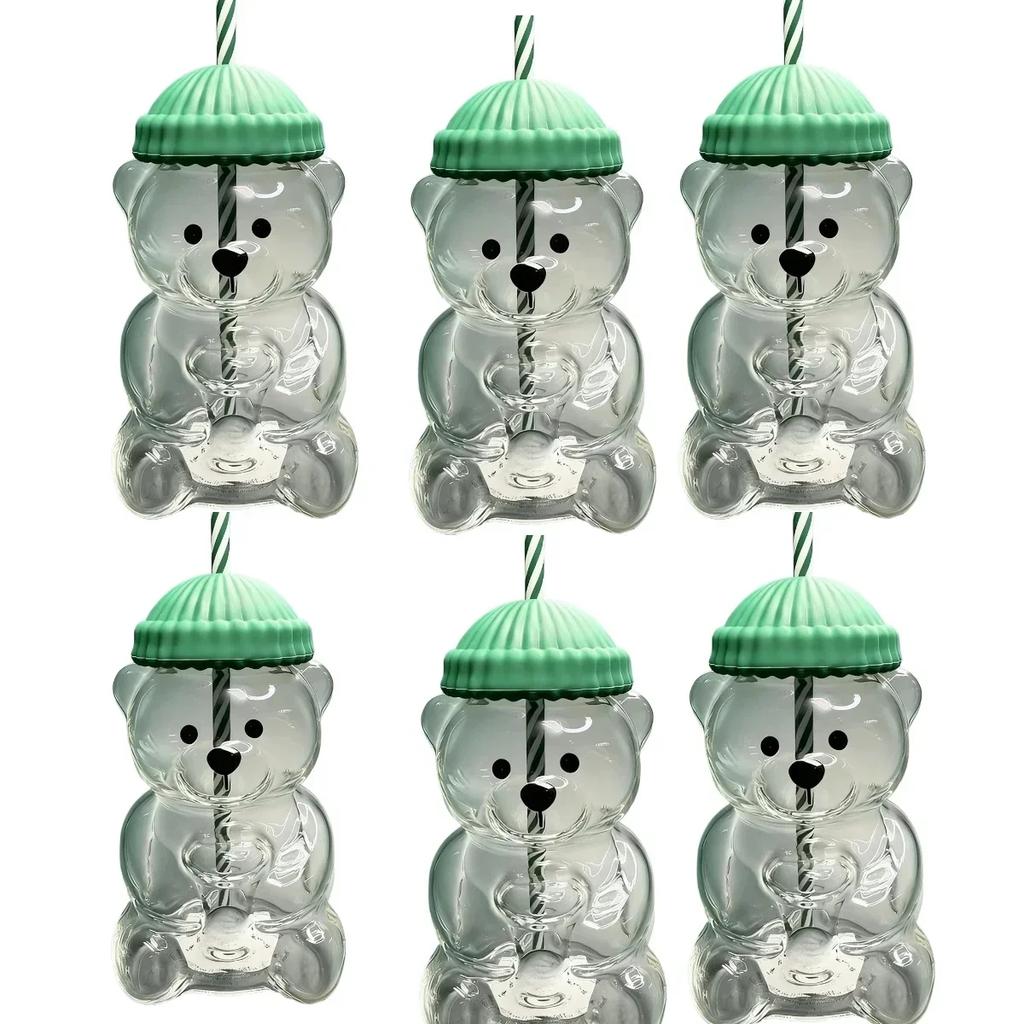 New For Starbucks Cute Animal Bear Straw Glass Transparent Glass For Men Women Birthday Christmas Gift Milk Tea Cup With Straw
