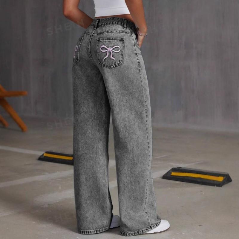 Womens High-Waisted Straight Leg Denim Jeans With Embroidered Bow Detail Casual Streetwear 2025