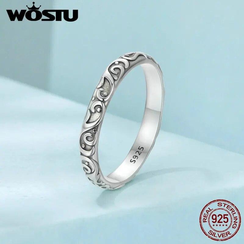 WOSTU Vintage 925 Sterling Silber Vintage Muster Ring für Frauen Einfacher Stil Silber Retro Ring Edlen Schmuck Geschenk