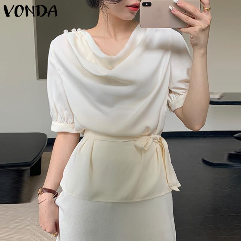 

Летние женские атласные элегантные топы VONDA с ​​короткими пышными рукавами