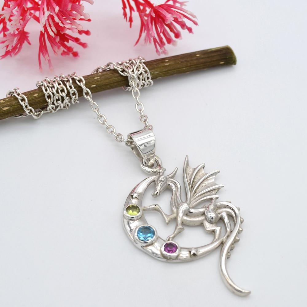 Peridot Amethyst Blue Topaz Gemstone 925 Sterling Silver Jewelry Dragon Pendant Necklace